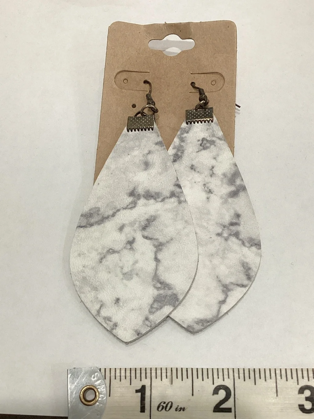 Marble-Print White Teardrop Leather‎ Earrings